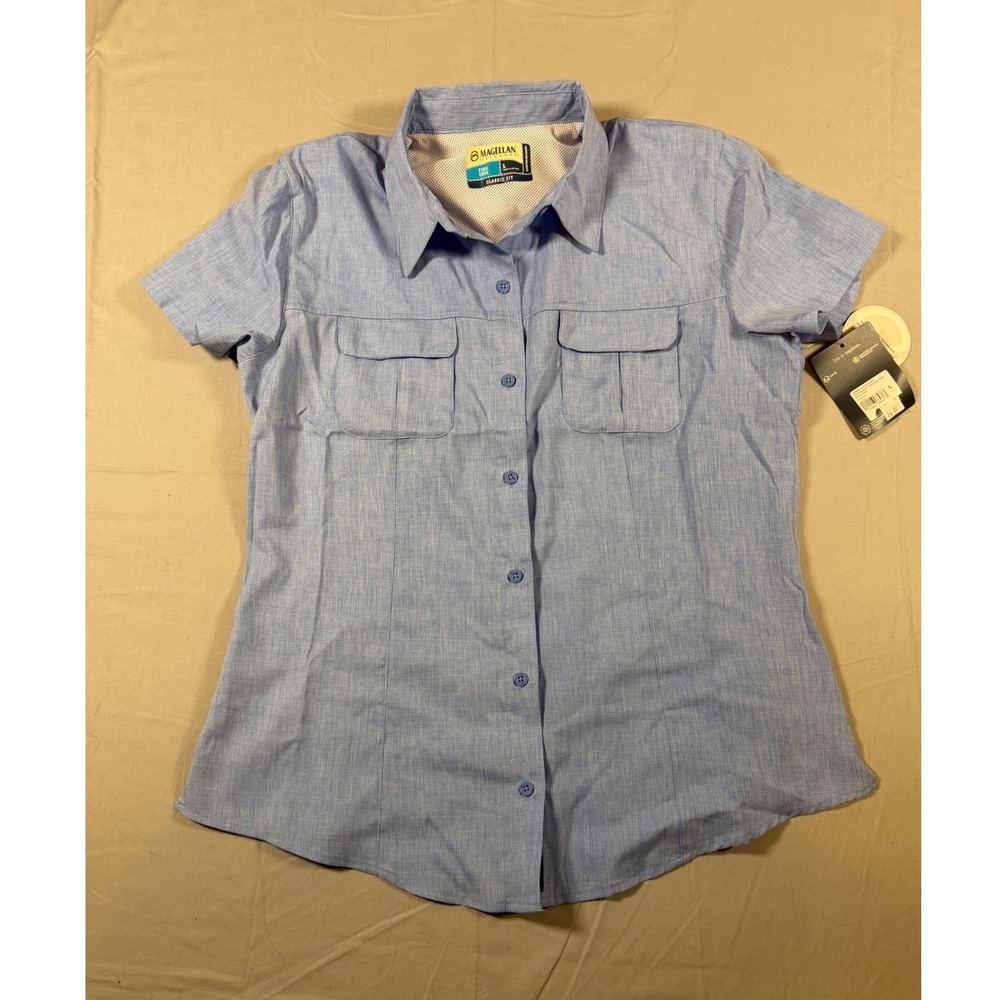 Magellan Outdoors Fish Gear Women L Blue Short Sleeve Fishing Shirt NEW Outdoors